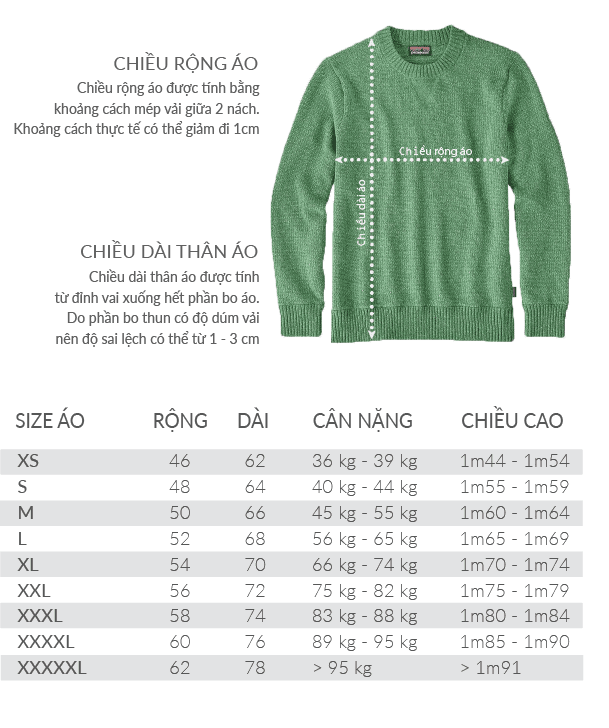 Bảng size áo sweater